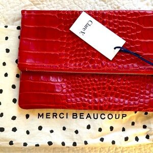 Clare V foldover leather clutch in red crocodile. Brand new.